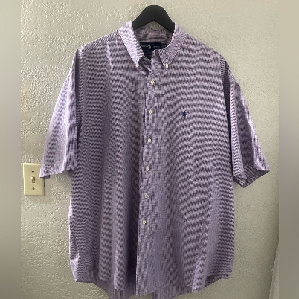Ralph Lauren Lavender and White Short-Sleeve‎ Button-Down Shirt XXL